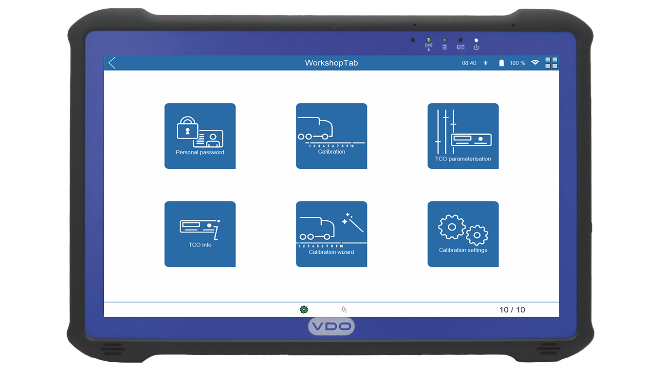 Front view of the WorkshopTab 2 from VDO with the software running. Icons in the home menu show various functions - such as vehicle calibration.