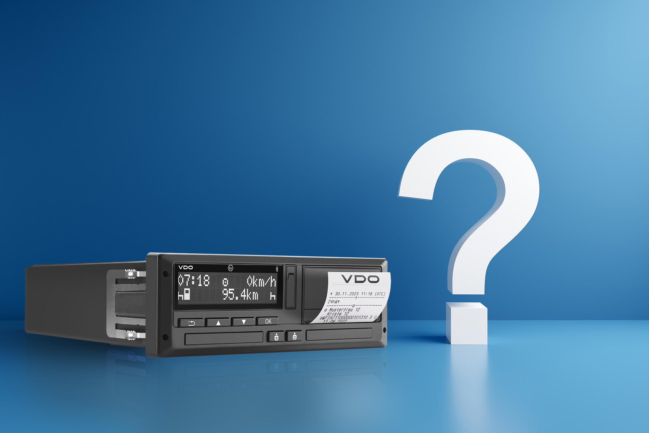 VDO tachograph with question mark against blue background