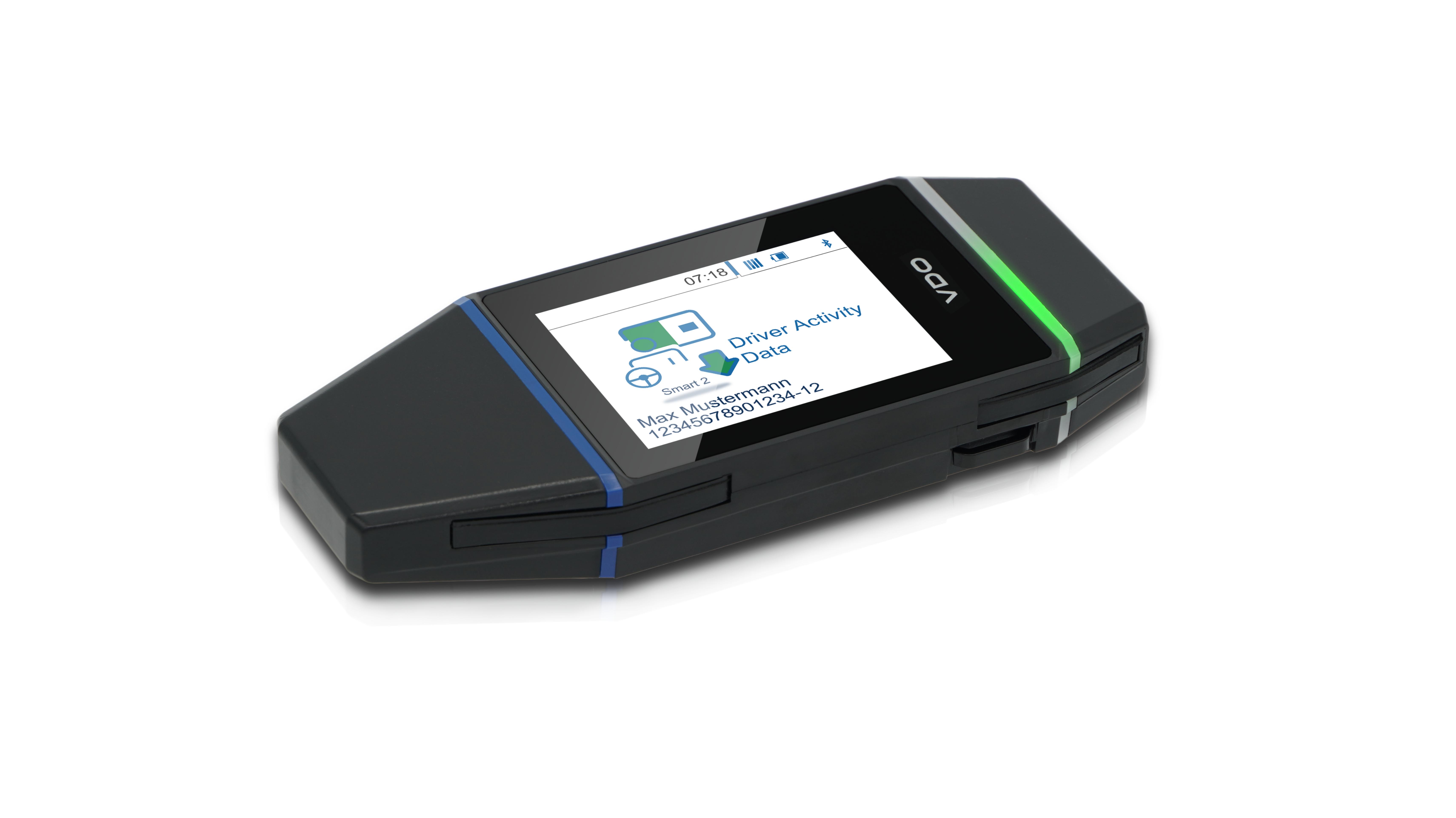 The VDO DLK Smart Download Key for efficient fleet management downloading driver activity data in side view.
