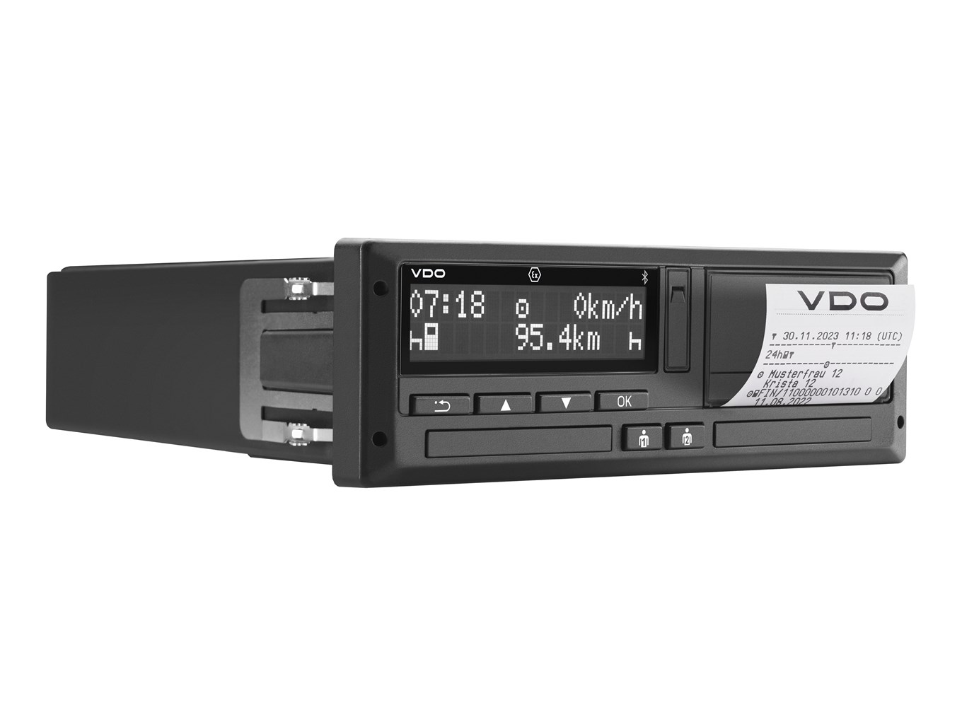 Side view of the VDO DCTO 4.1 - the second version of the intelligent tachograph - with printout in progress.