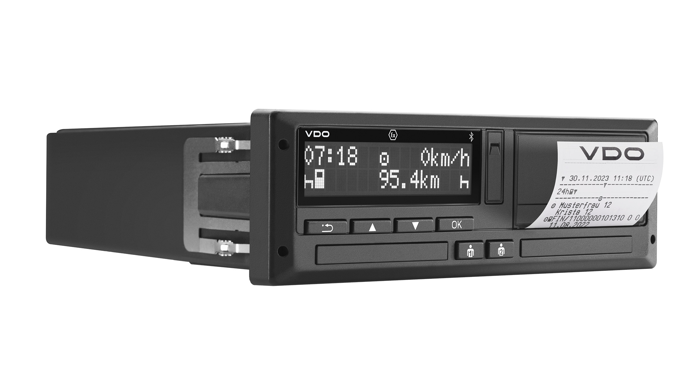 Picture of the VDO DTCO 4.1 with printout in progress.