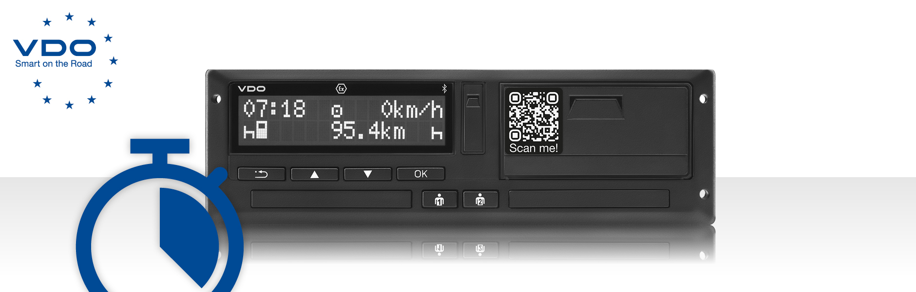 The image shows the front view of the VDO DTCO 4.1 and the VDO logo in the left upper corner. The icon of a stopp watch demonstrates that a quick change not only saves money, but also time.