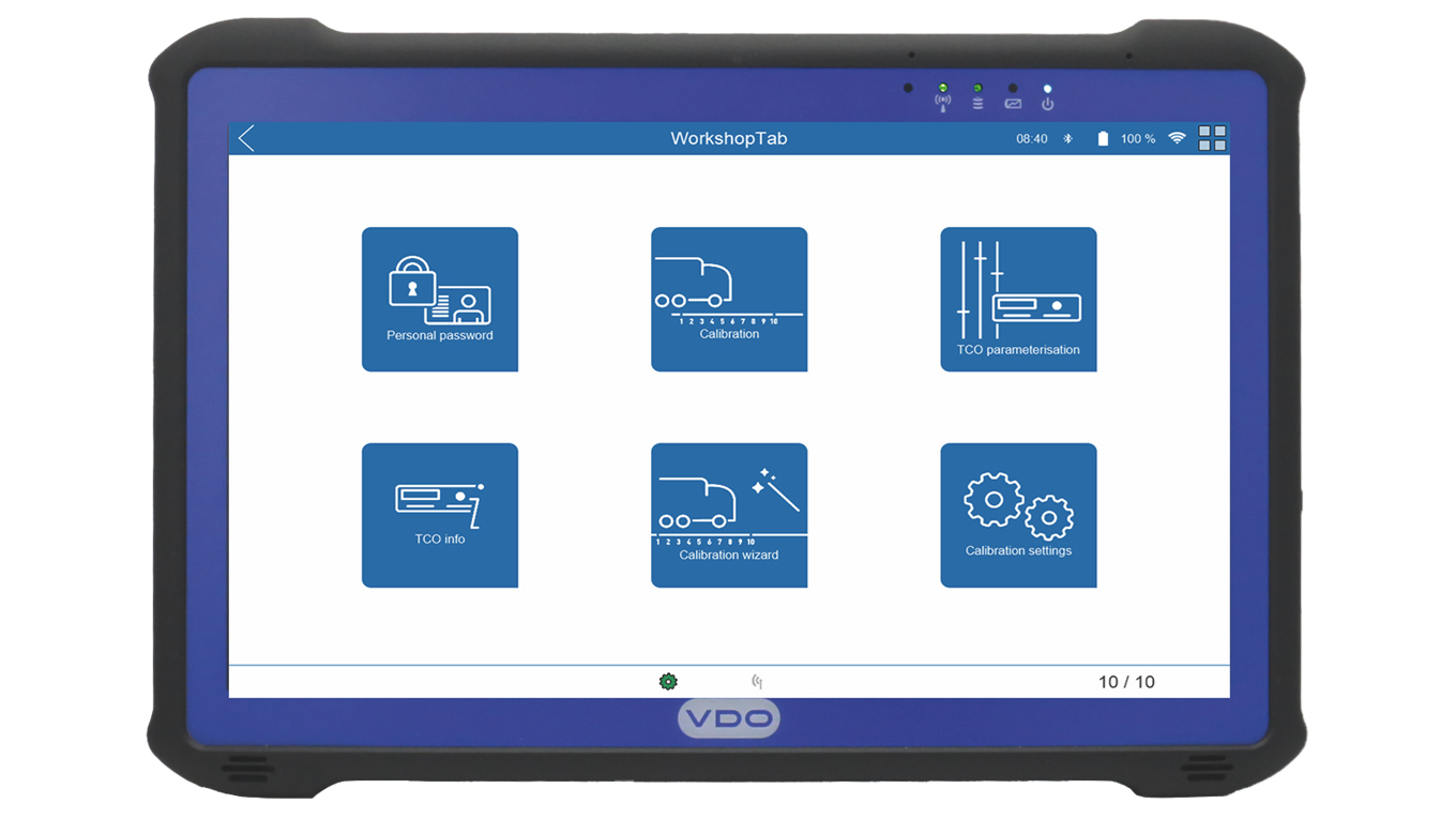 Front view of the WorkshopTab 2 from VDO with the software running. Icons in the home menu show various functions - such as vehicle calibration.