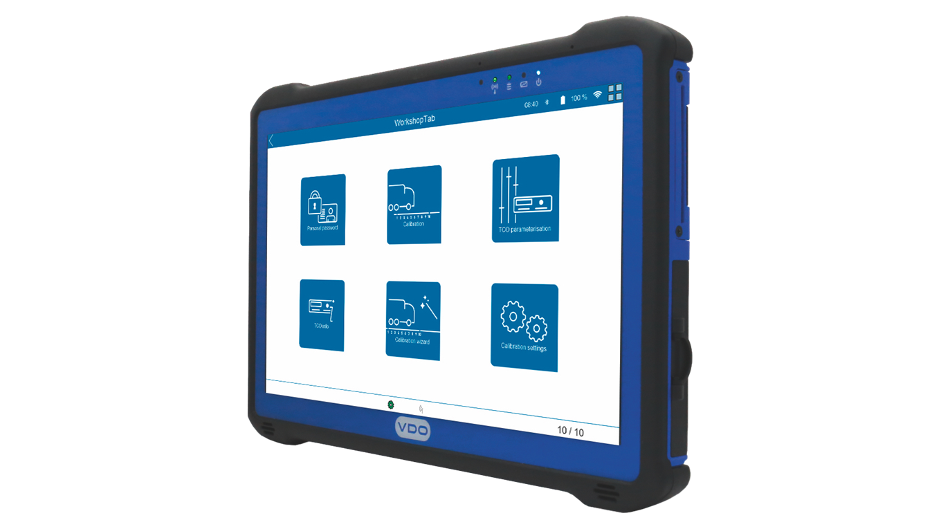 Side view of the WorkshopTab 2 from VDO with the software running. Icons show various functions - such as vehicle calibration.