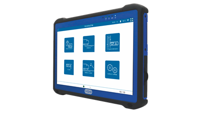 Side view of the WorkshopTab 2 from VDO with the software running. Icons show various functions - such as vehicle calibration.